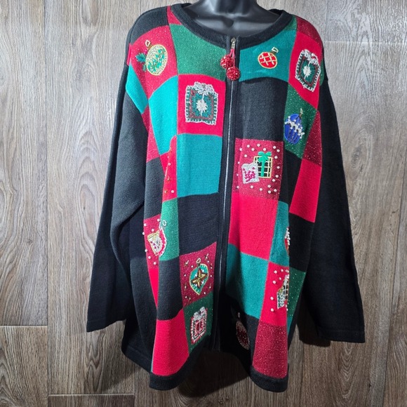 Vntg Victoria Jones Ugly Christmas Sweater Cardigan Ornaments Applique Womens 1X - Picture 1 of 13